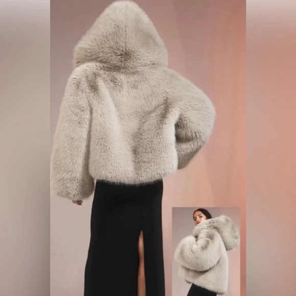 New $698 Alo Yoga Opulent Faux Fur Statement Jacket Coat W/ Hood Mushroom XS S - Picture 3 of 5